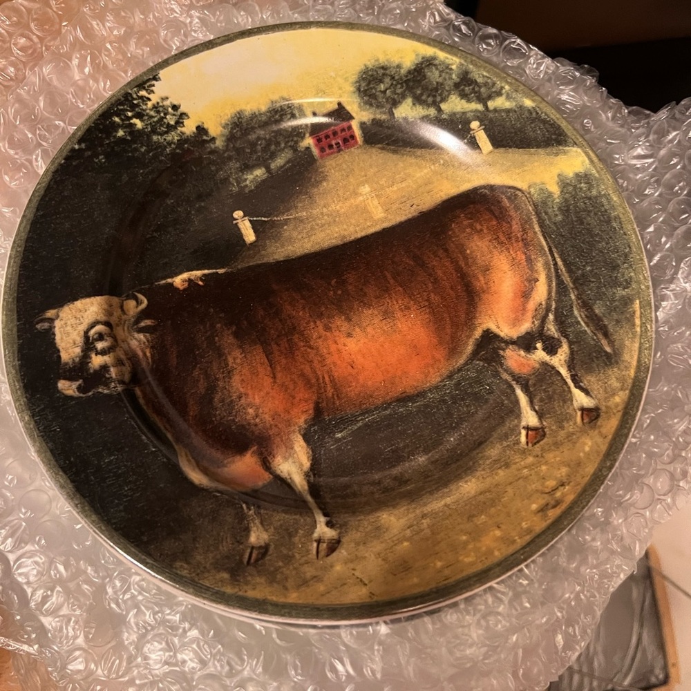 (4) Block Country Farm Bull Cow 8” Plates set